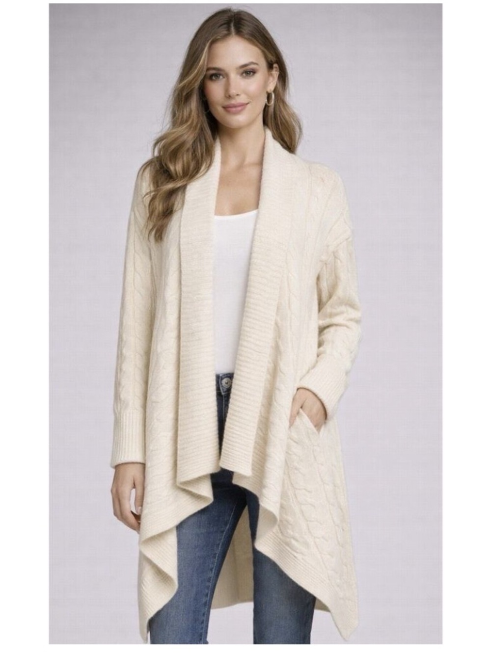 Ralph Lauren Polo Cardigan pure Cashmere open front Ivory cable knit S draped